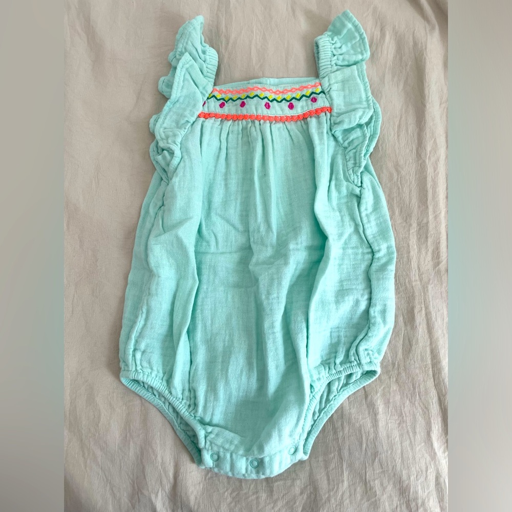 30 - Cat & Jack Blue Bubble Romper - Embroidery Detail on Top - Flutter Sleeves